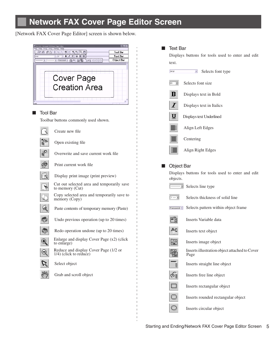 Network fax cover page editor screen | Konica Minolta bizhub 200 User Manual | Page 5 / 26
