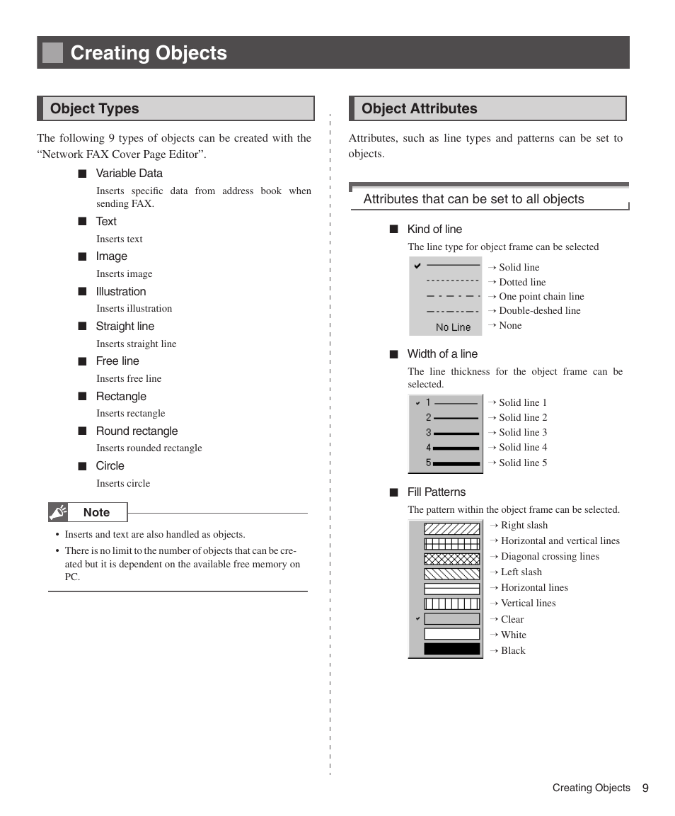 Creating objects, Object types, Object attributes | Konica Minolta bizhub 200 User Manual | Page 9 / 26
