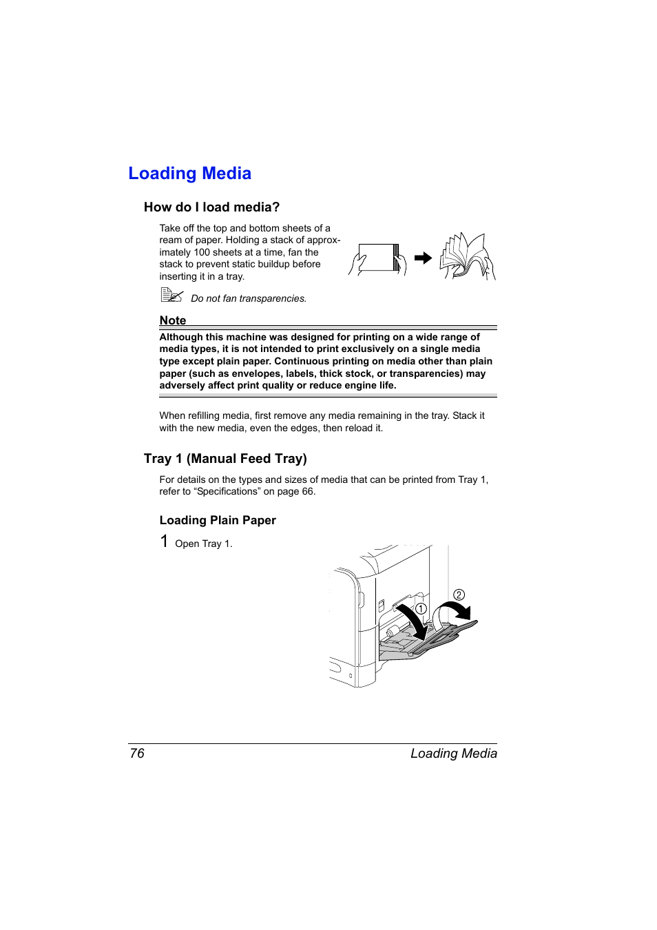 Loading media, How do i load media, Tray 1 (manual feed tray) | Loading plain paper, Loading media 76, Loading plain paper 76 | Konica Minolta magicolor 4690MF User Manual | Page 88 / 286
