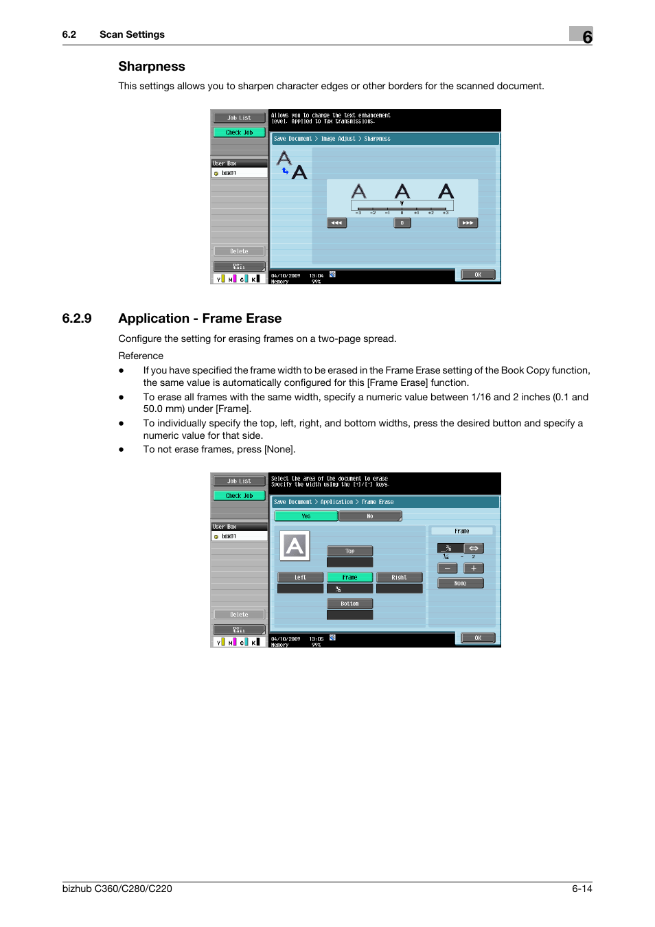 Sharpness, 9 application - frame erase, Sharpness -14 | Application - frame erase -14, Ss] (p. 6-14), P. 6-14), P. 6-14 | Konica Minolta BIZHUB C360 User Manual | Page 100 / 292