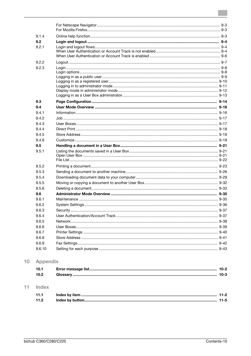 10 appendix, 11 index | Konica Minolta BIZHUB C360 User Manual | Page 11 / 292