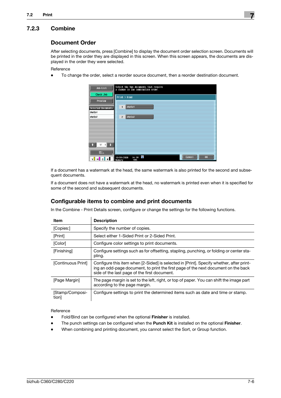 3 combine, Document order, Configurable items to combine and print documents | P. 7-6), 3 combine document order | Konica Minolta BIZHUB C360 User Manual | Page 111 / 292