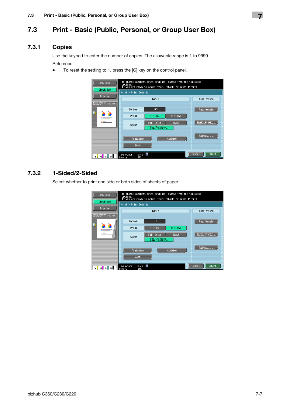 1 copies, 2 1-sided/2-sided, Copies -7 | Sided/2-sided -7, P. 7-7, P. 7-7), Rint] (p. 7-7) | Konica Minolta BIZHUB C360 User Manual | Page 112 / 292