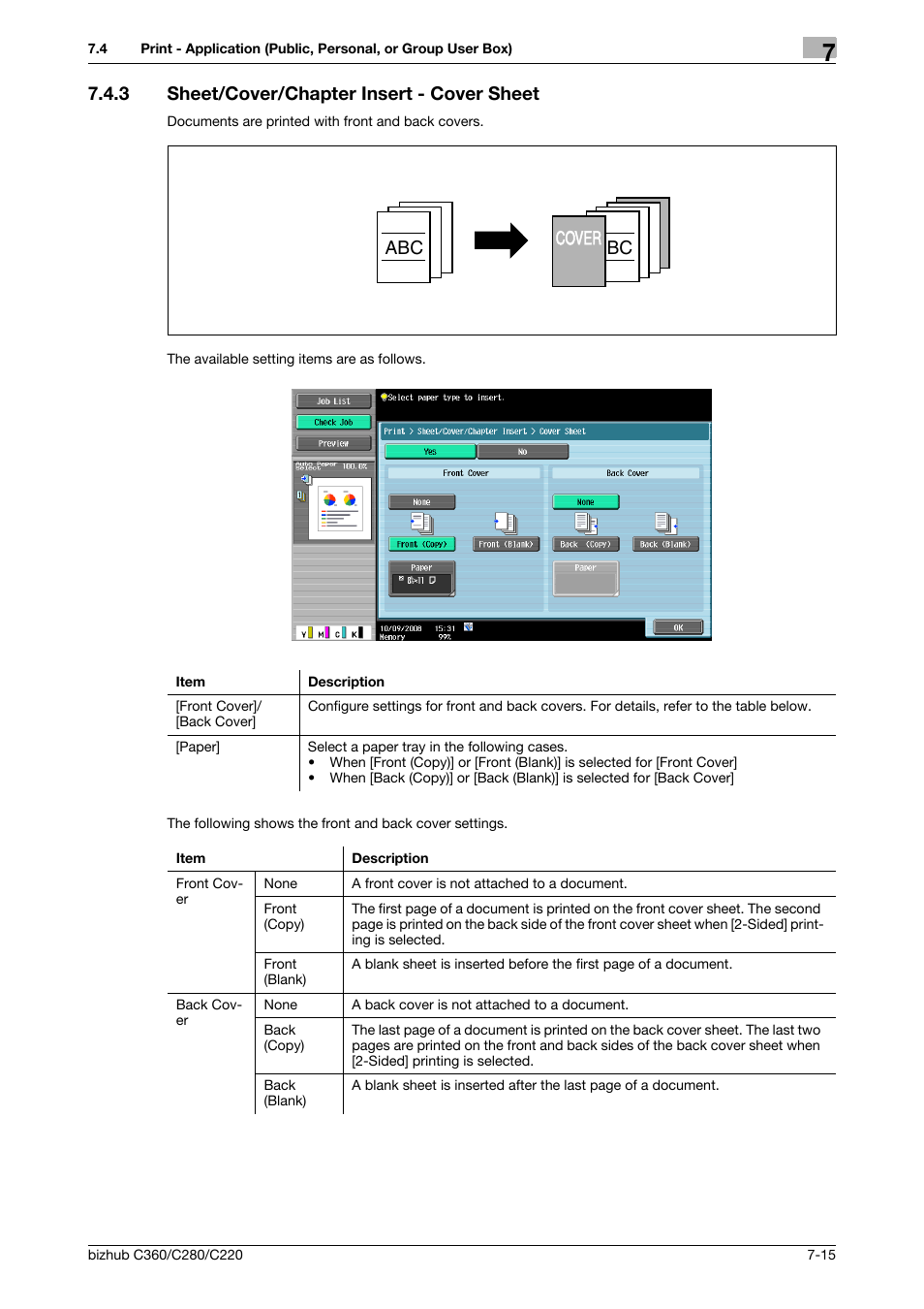 3 sheet/cover/chapter insert - cover sheet, Sheet/cover/chapter insert - cover sheet -15, P. 7-15) | P. 7-15, Abc cover | Konica Minolta BIZHUB C360 User Manual | Page 120 / 292