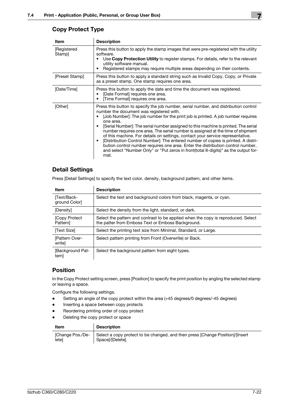 Copy protect type, Detail settings, Position | P. 7-22, Copy protect type detail settings | Konica Minolta BIZHUB C360 User Manual | Page 127 / 292