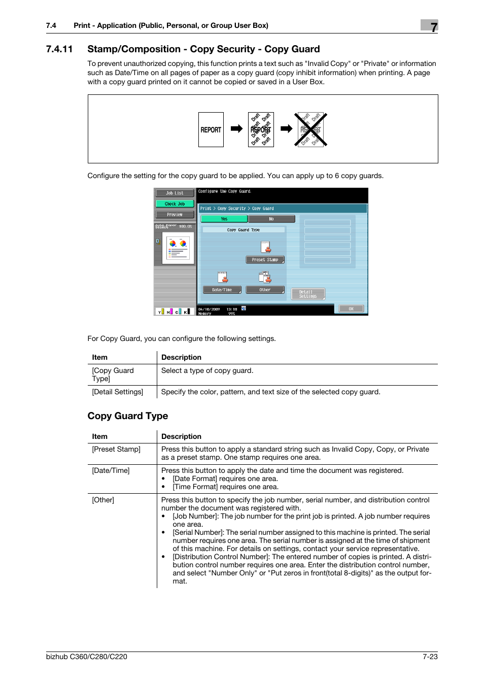 11 stamp/composition - copy security - copy guard, Copy guard type, P. 7-23 | Konica Minolta BIZHUB C360 User Manual | Page 128 / 292