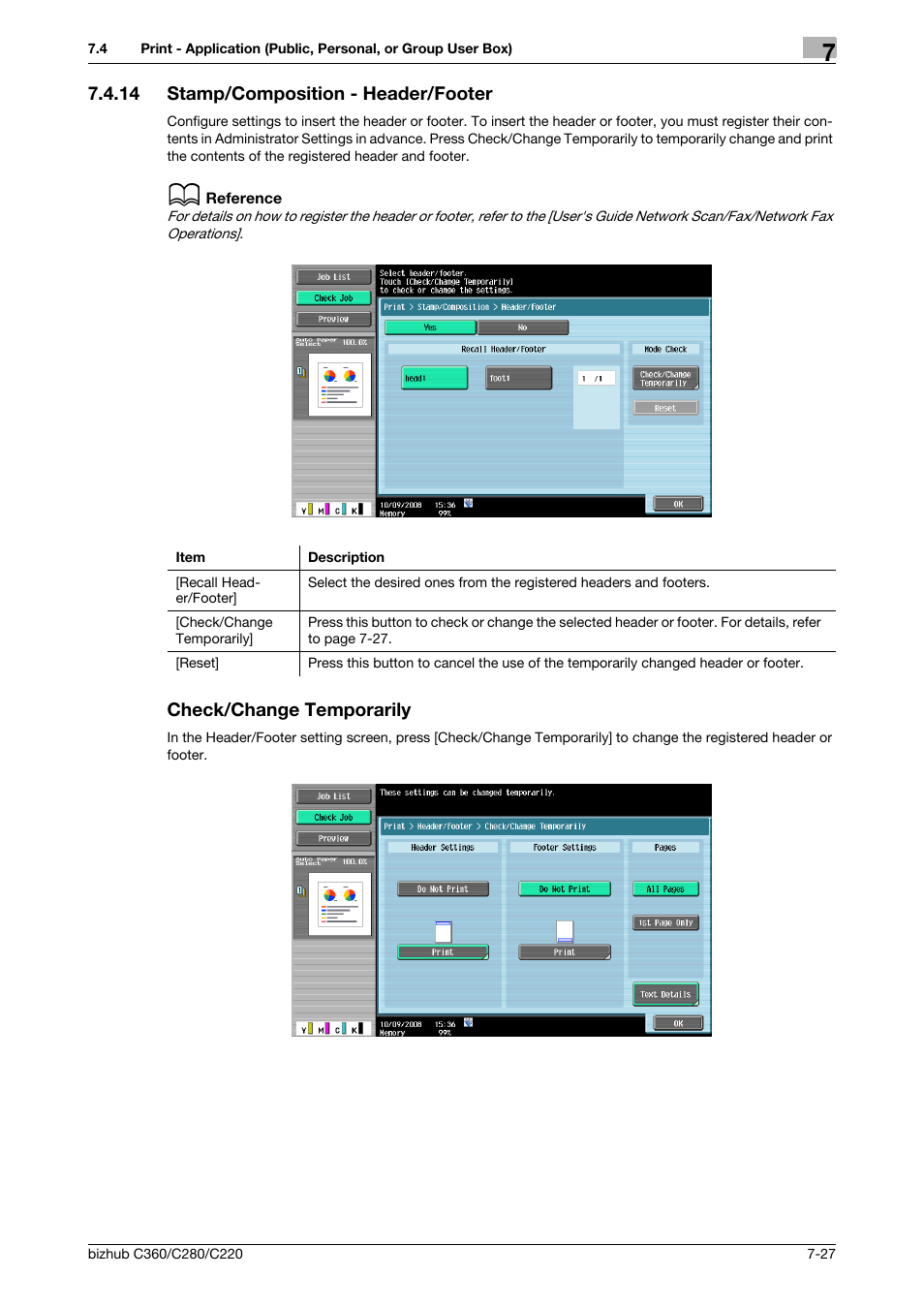 14 stamp/composition - header/footer, Check/change temporarily, P. 7-27) | P. 7-27 | Konica Minolta BIZHUB C360 User Manual | Page 132 / 292