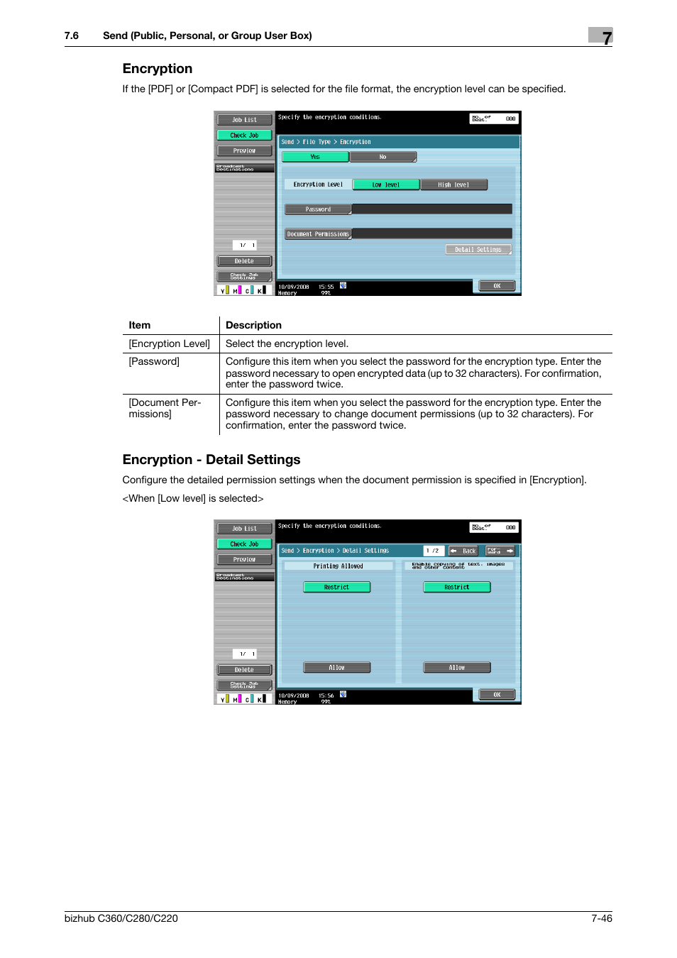 Encryption, Encryption - detail settings, Encryption -46 encryption - detail settings -46 | P. 7-46 | Konica Minolta BIZHUB C360 User Manual | Page 151 / 292