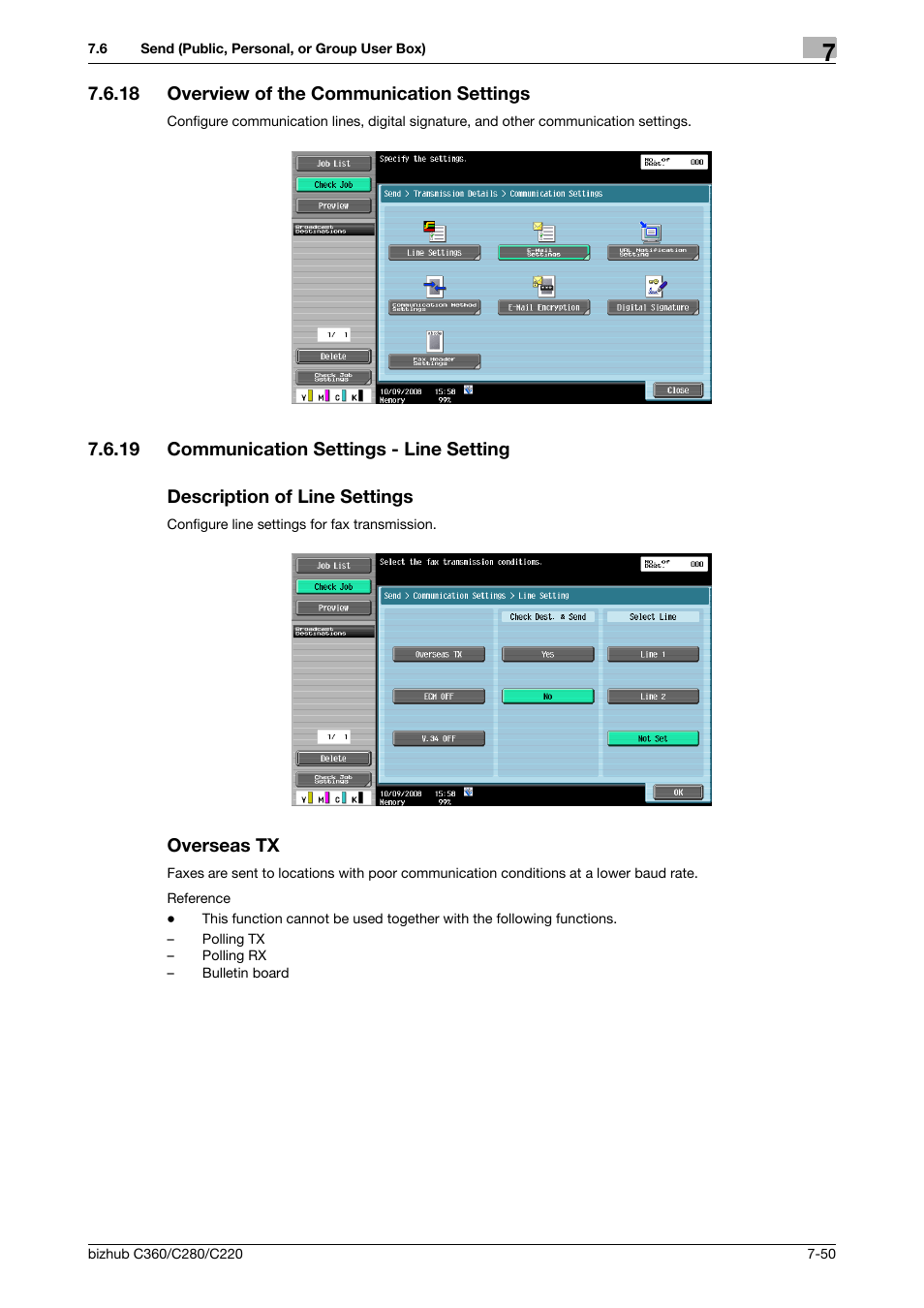18 overview of the communication settings, 19 communication settings - line setting, Description of line settings | Overseas tx, Overview of the communication settings -50, P. 7-50), P. 7-50 | Konica Minolta BIZHUB C360 User Manual | Page 155 / 292