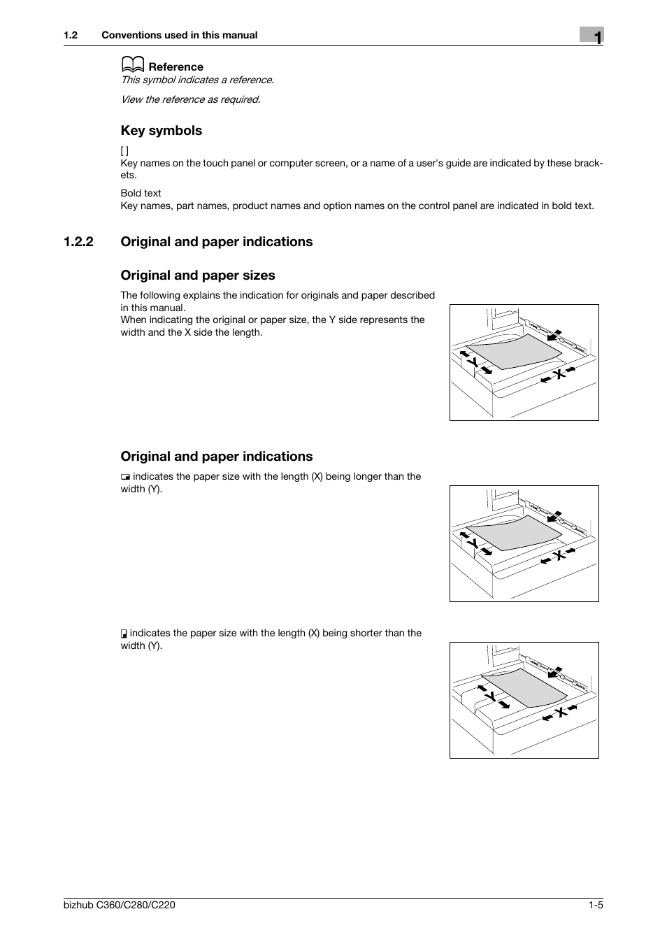 Key symbols, 2 original and paper indications, Original and paper sizes | Original and paper indications, Key symbols -5 | Konica Minolta BIZHUB C360 User Manual | Page 16 / 292