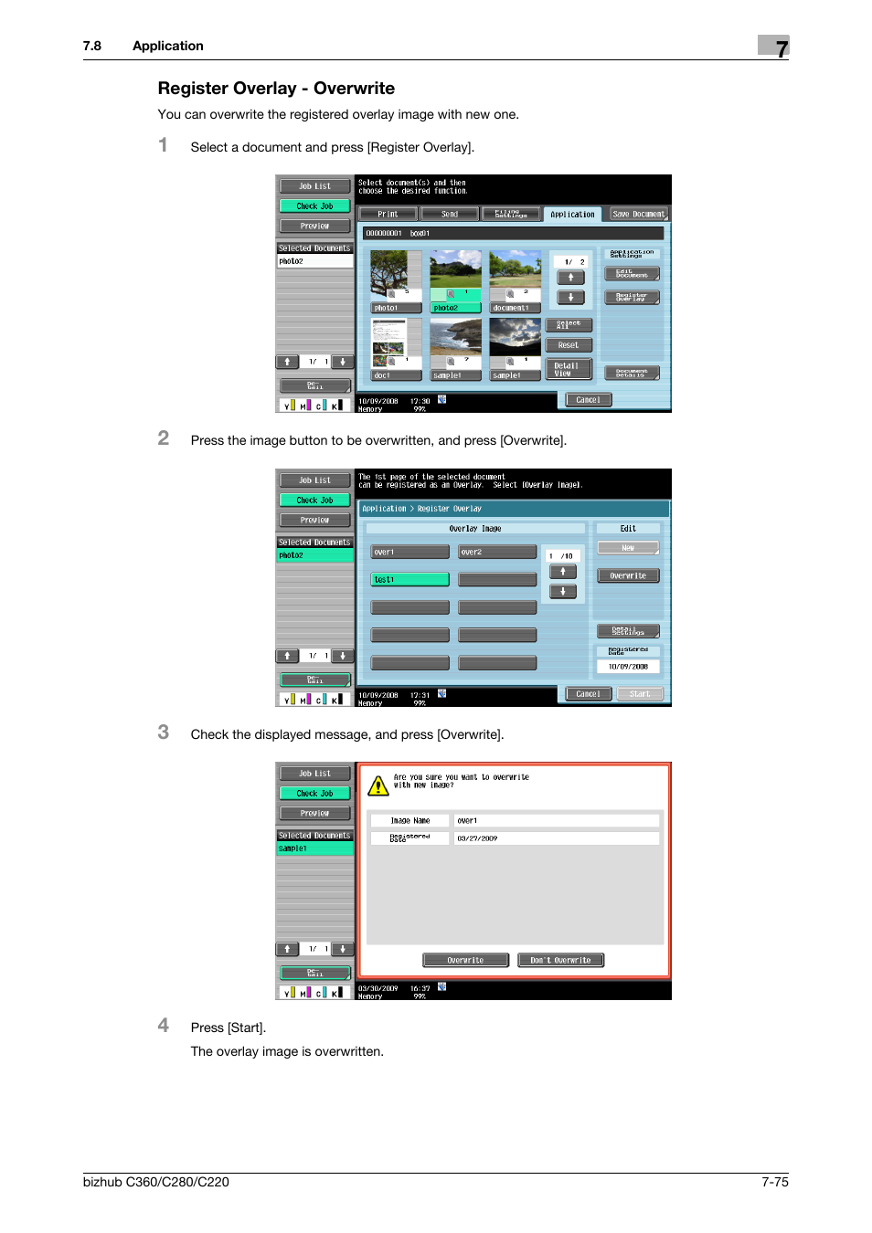 Register overlay - overwrite, Register overlay - overwrite -75, Overwrite] (p. 7-75) | Konica Minolta BIZHUB C360 User Manual | Page 180 / 292
