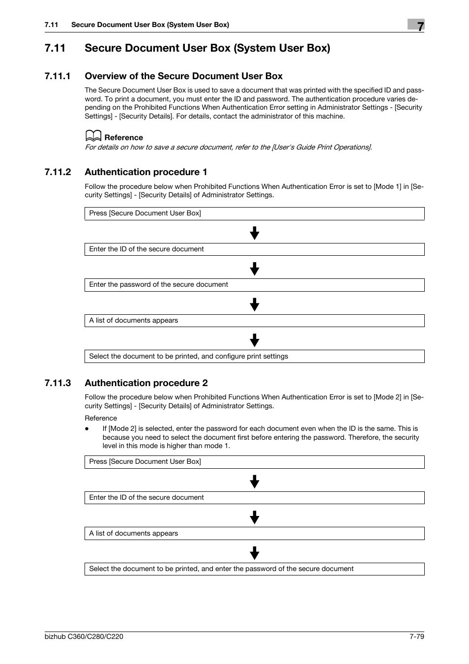11 secure document user box (system user box), 1 overview of the secure document user box, 2 authentication procedure 1 | 3 authentication procedure 2, Secure document user box (system user box) -79, Overview of the secure document user box -79, Authentication procedure 1 -79, Authentication procedure 2 -79, P. 7-79 | Konica Minolta BIZHUB C360 User Manual | Page 184 / 292
