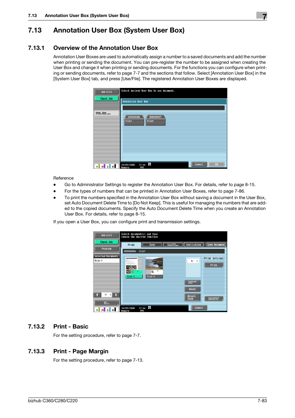 13 annotation user box (system user box), 1 overview of the annotation user box, 2 print - basic | Annotation user box (system user box) -83, Overview of the annotation user box -83, Print - basic -83, P. 7-83 | Konica Minolta BIZHUB C360 User Manual | Page 188 / 292