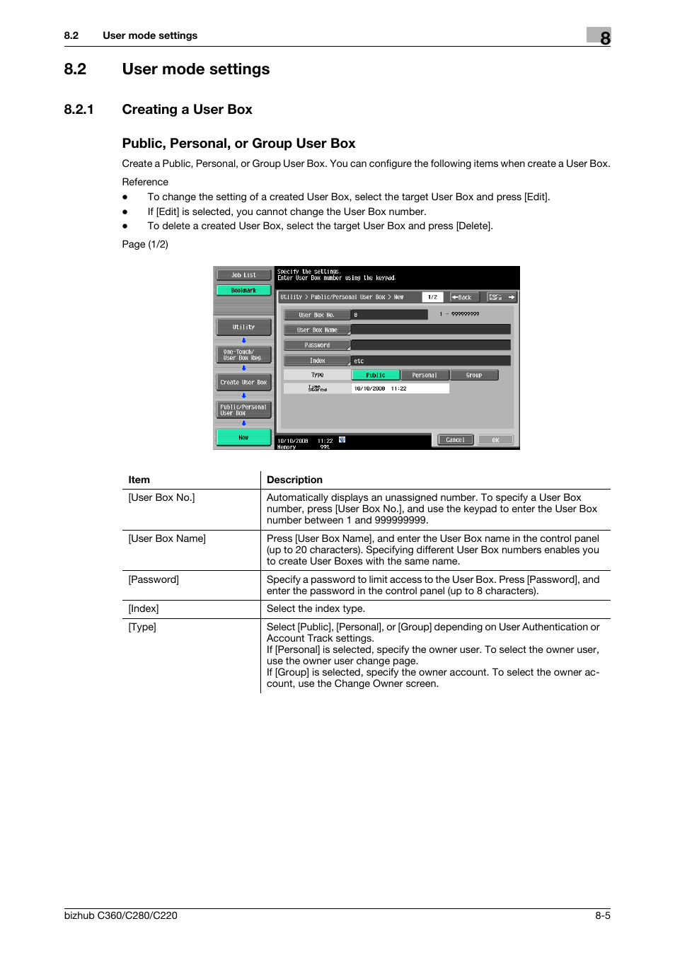 2 user mode settings, 1 creating a user box, Public, personal, or group user box | User mode settings -5, P. 8-5), P. 8-5, User box] (p. 8-5) | Konica Minolta BIZHUB C360 User Manual | Page 211 / 292
