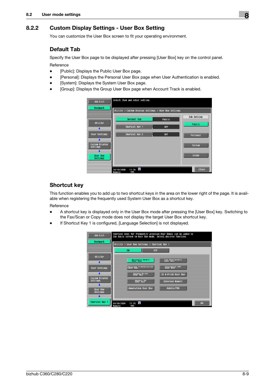 2 custom display settings - user box setting, Default tab, Shortcut key | P. 8-9) | Konica Minolta BIZHUB C360 User Manual | Page 215 / 292