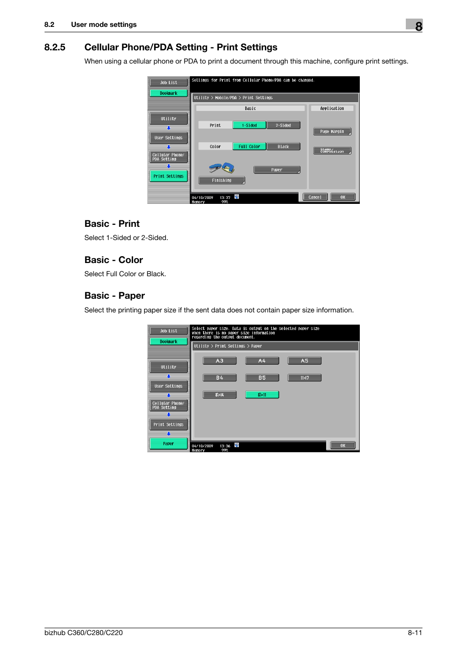 5 cellular phone/pda setting - print settings, Basic - print, Basic - color | Basic - paper, P. 8-11) | Konica Minolta BIZHUB C360 User Manual | Page 217 / 292