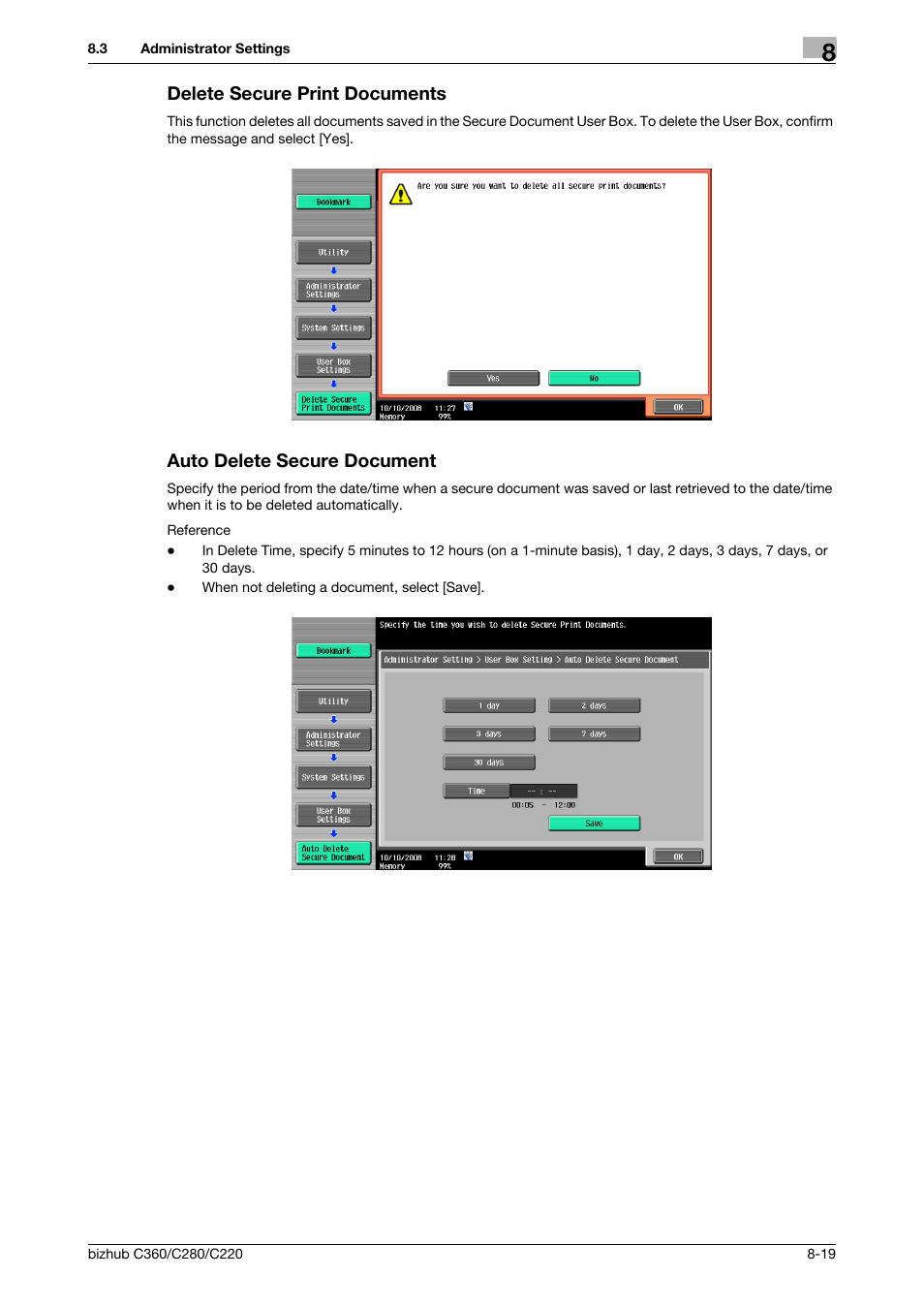 Delete secure print documents, Auto delete secure document, P. 8-19) | Konica Minolta BIZHUB C360 User Manual | Page 225 / 292