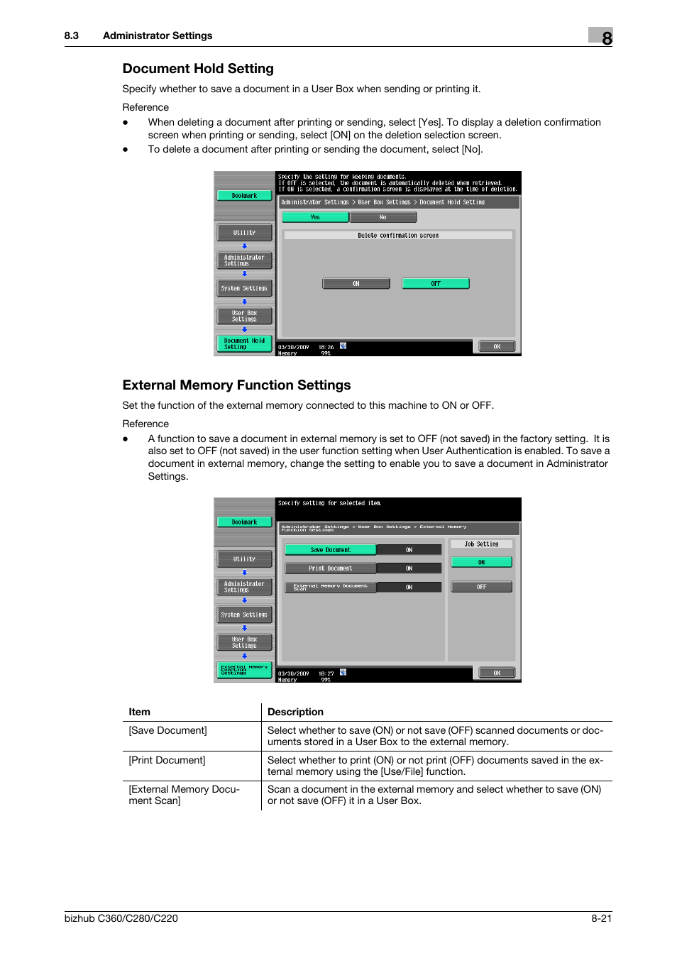 Document hold setting, External memory function settings, P. 8-21) | Ngs] (p. 8-21) | Konica Minolta BIZHUB C360 User Manual | Page 227 / 292