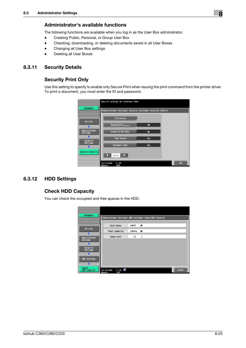 Administrator's available functions, 11 security details, Security print only | 12 hdd settings, Check hdd capacity, Administrator's available functions -25, Security details -25 security print only -25, Hdd settings -25 check hdd capacity -25, Ly] (p. 8-25), P. 8-25) | Konica Minolta BIZHUB C360 User Manual | Page 231 / 292