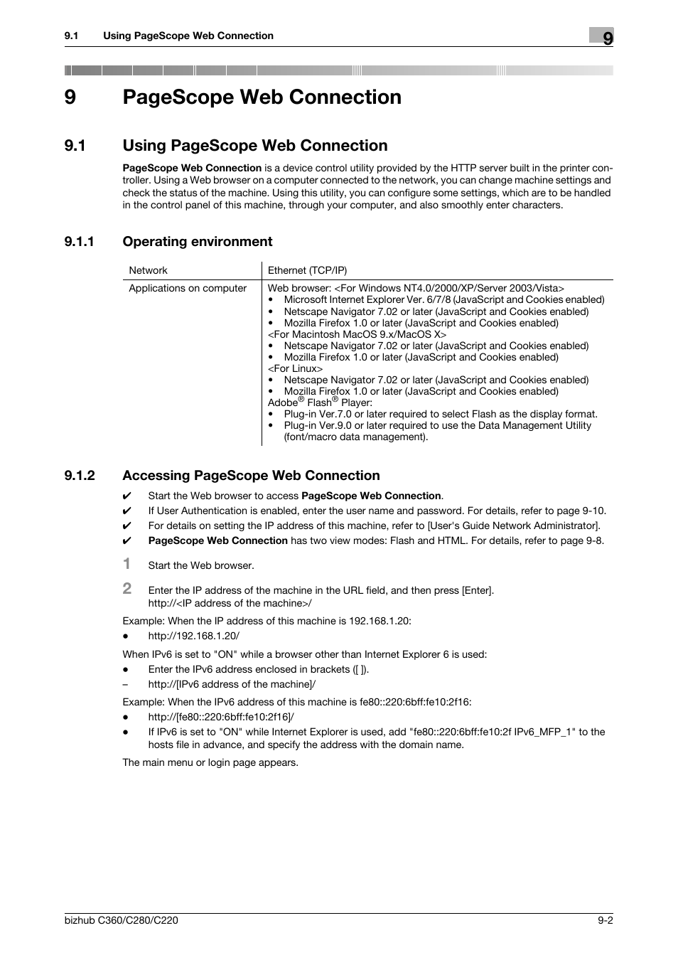 1 operating environment, Operating environment -2, 9pagescope web connection | 1 using pagescope web connection | Konica Minolta BIZHUB C360 User Manual | Page 238 / 292