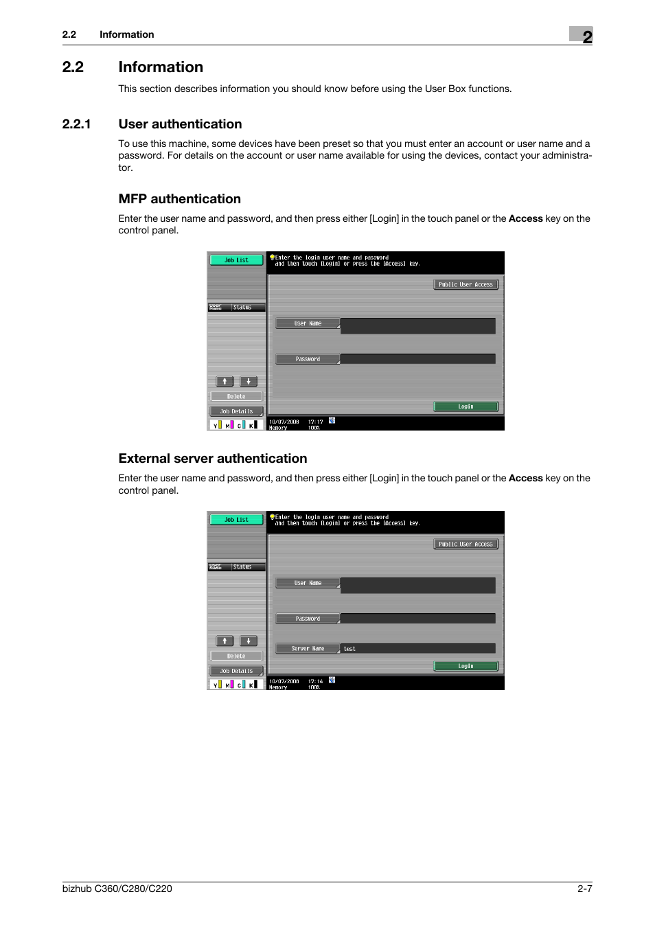 2 information, 1 user authentication, Mfp authentication | External server authentication, Information -7 | Konica Minolta BIZHUB C360 User Manual | Page 24 / 292