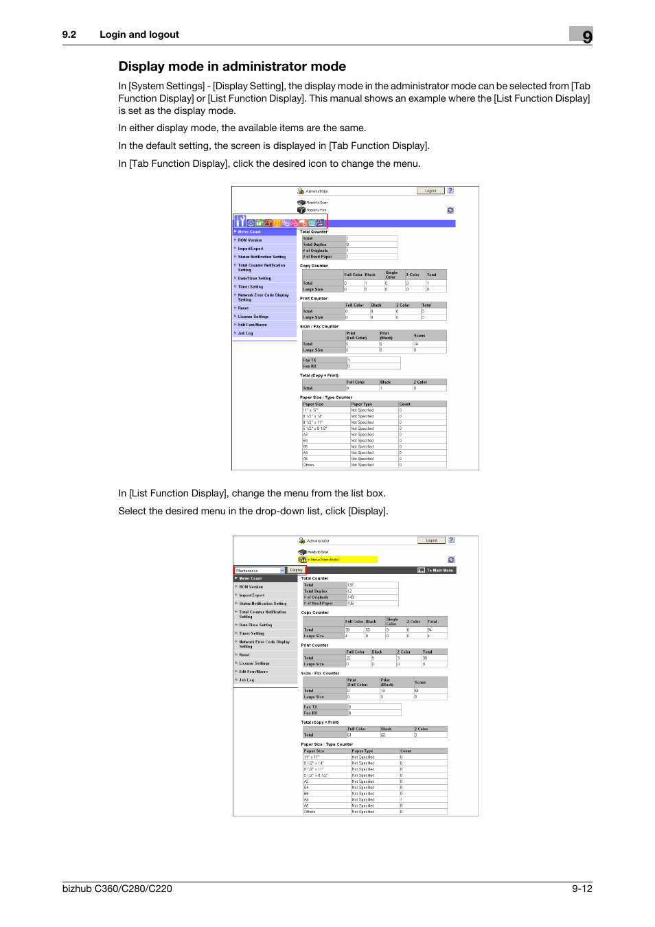 Display mode in administrator mode, Display mode in administrator mode -12 | Konica Minolta BIZHUB C360 User Manual | Page 248 / 292