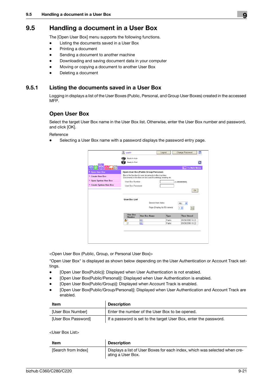 5 handling a document in a user box, 1 listing the documents saved in a user box, Open user box | Handling a document in a user box -21 | Konica Minolta BIZHUB C360 User Manual | Page 257 / 292