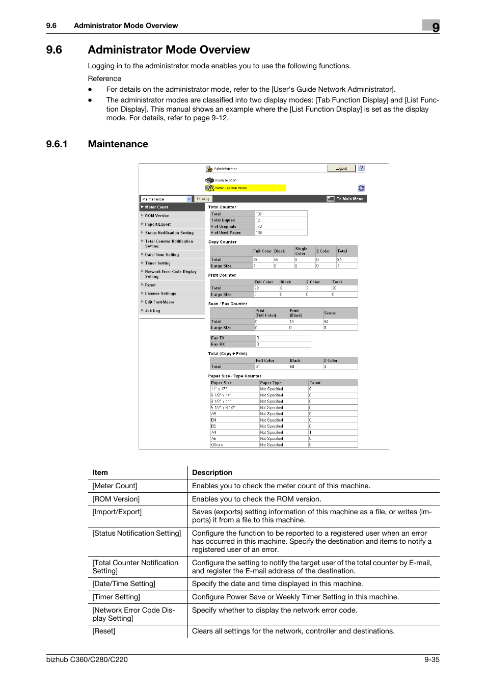 6 administrator mode overview, 1 maintenance, Administrator mode overview -35 | Maintenance -35 | Konica Minolta BIZHUB C360 User Manual | Page 271 / 292