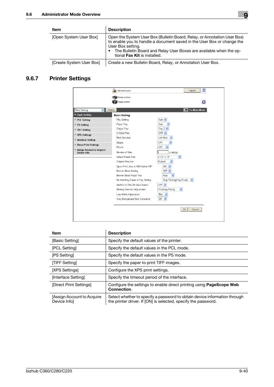 7 printer settings, Printer settings -40 | Konica Minolta BIZHUB C360 User Manual | Page 276 / 292