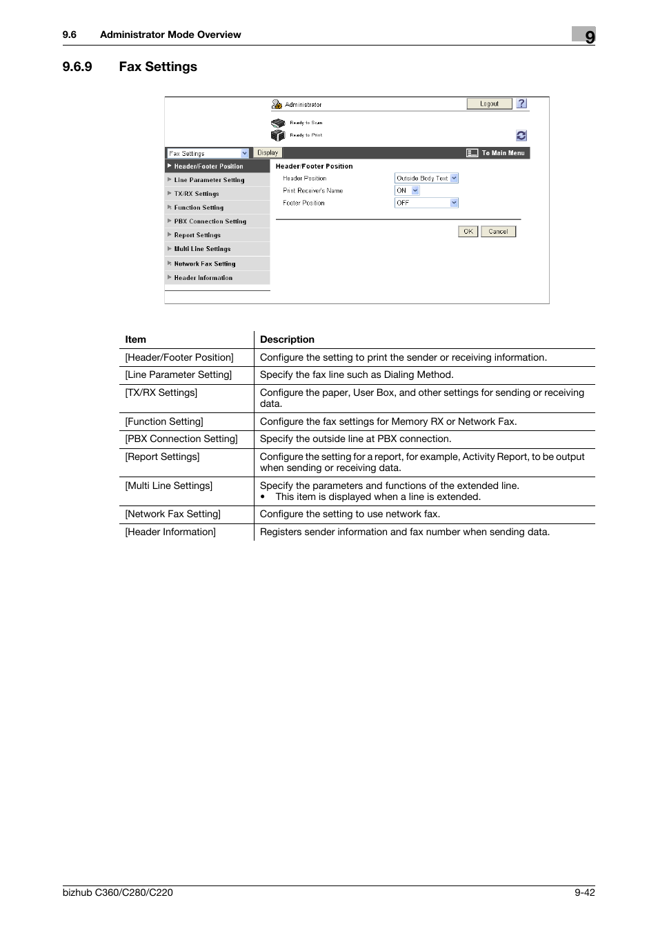 9 fax settings, Fax settings -42 | Konica Minolta BIZHUB C360 User Manual | Page 278 / 292
