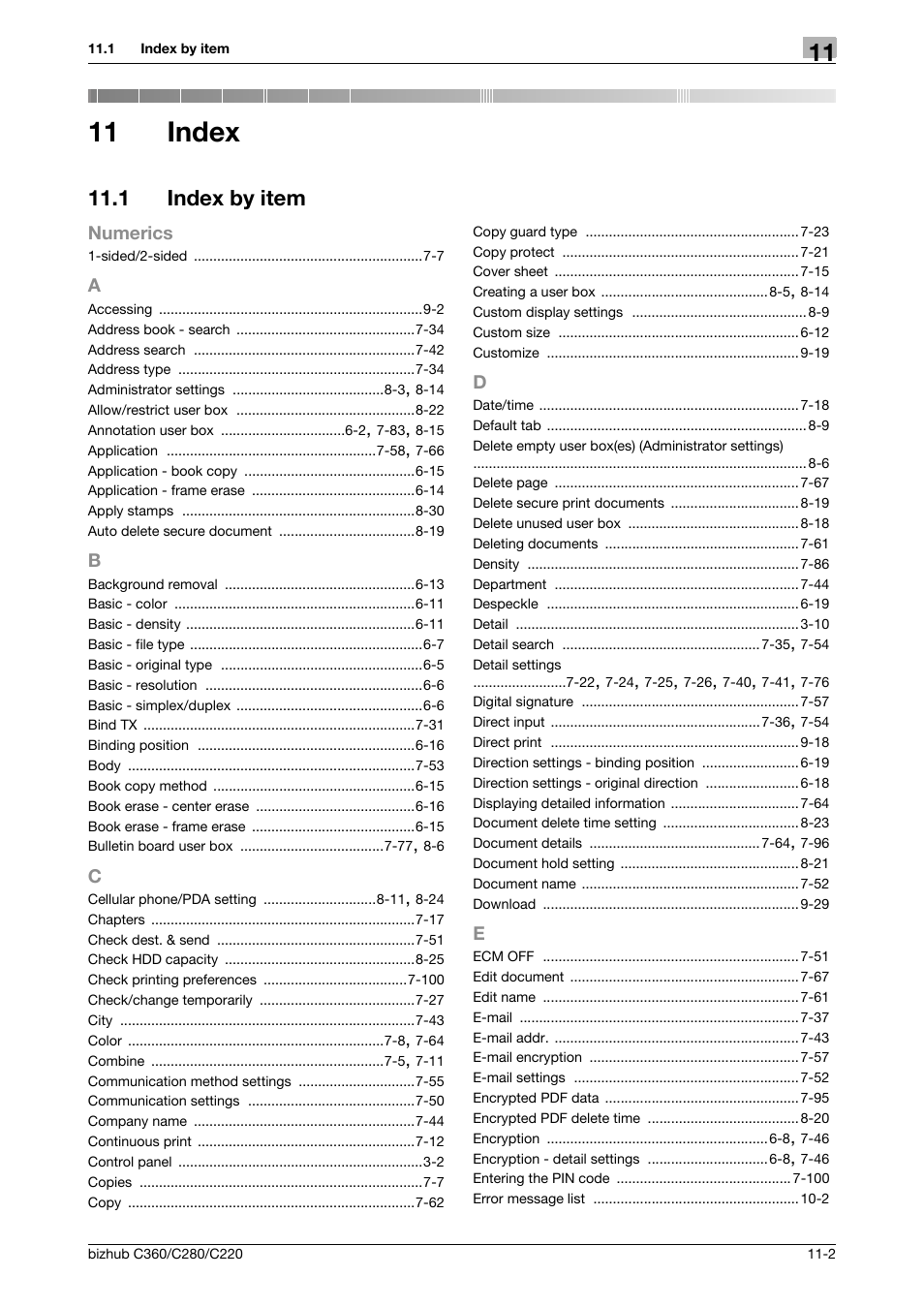 11 index, 1 index by item, A to e | Index, Index by item -2 | Konica Minolta BIZHUB C360 User Manual | Page 286 / 292