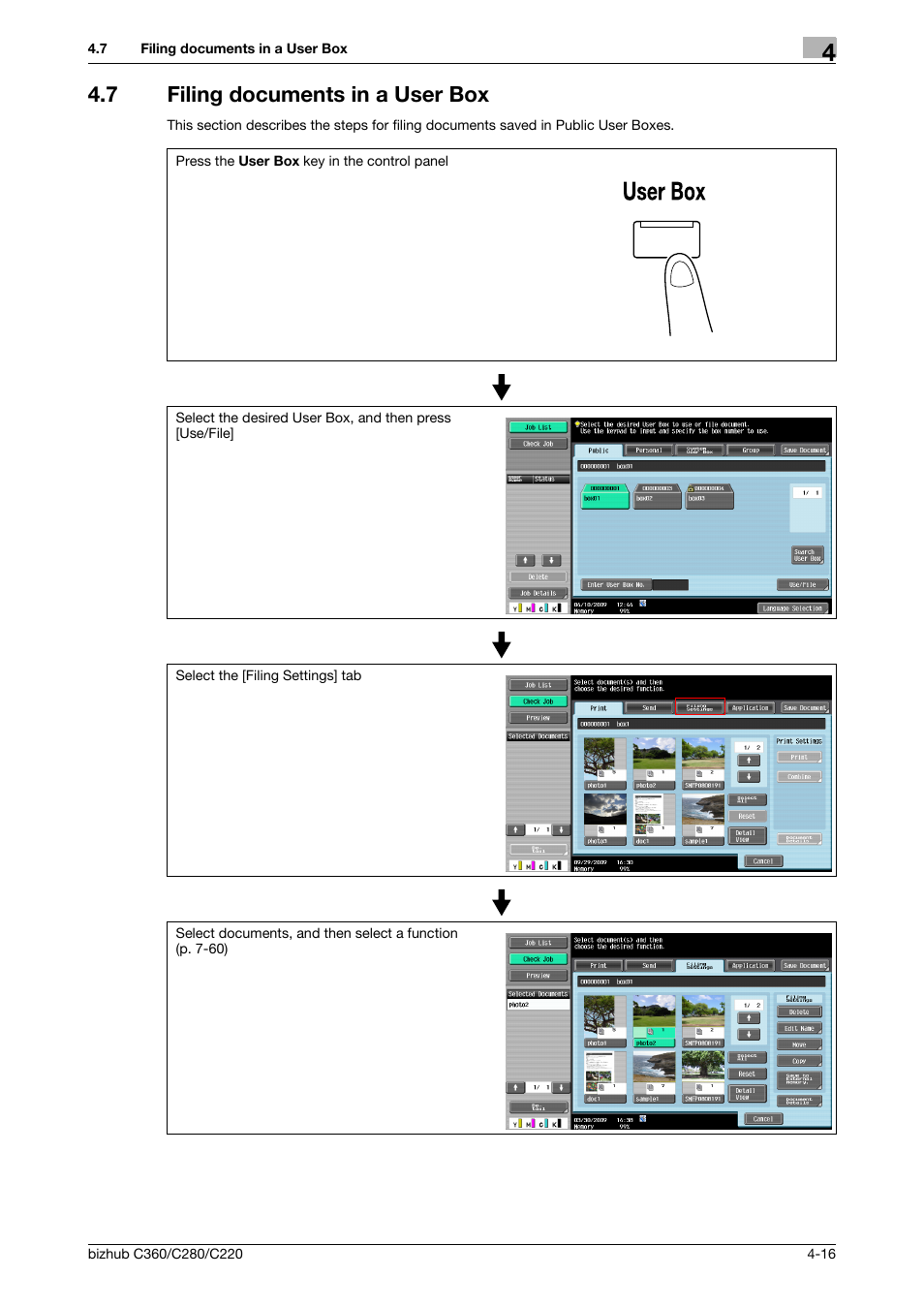 7 filing documents in a user box, Filing documents in a user box -16 | Konica Minolta BIZHUB C360 User Manual | Page 63 / 292