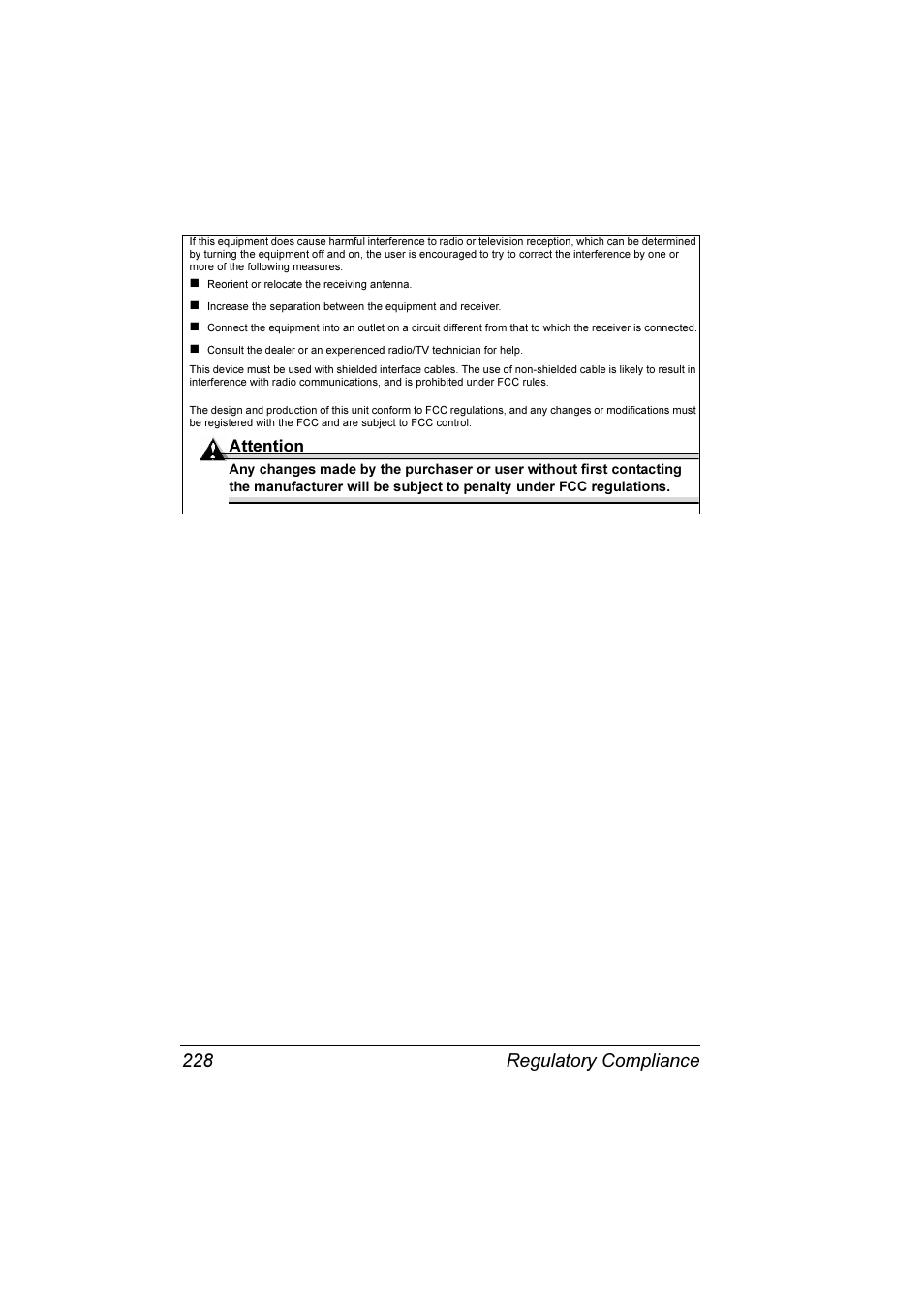Regulatory compliance 228, Attention | Konica Minolta Magicolor 7300 User Manual | Page 236 / 250