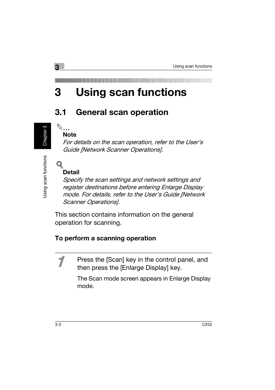 3 using scan functions, 1 general scan operation, To perform a scanning operation | 1 general scan operation -2, To perform a scanning operation -2, 3using scan functions | Konica Minolta BIZHUB C252 User Manual | Page 89 / 162