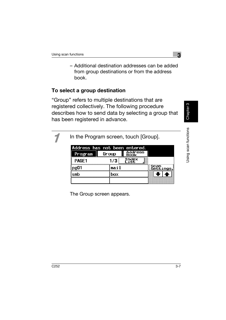 To select a group destination, To select a group destination -7 | Konica Minolta BIZHUB C252 User Manual | Page 94 / 162