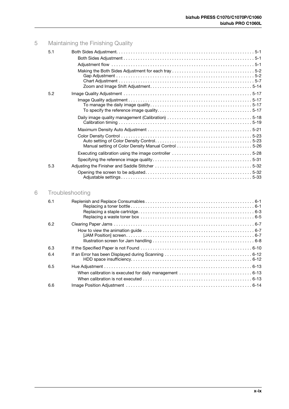 5maintaining the finishing quality, 6troubleshooting | Konica Minolta bizhub PRESS C1070 User Manual | Page 11 / 151