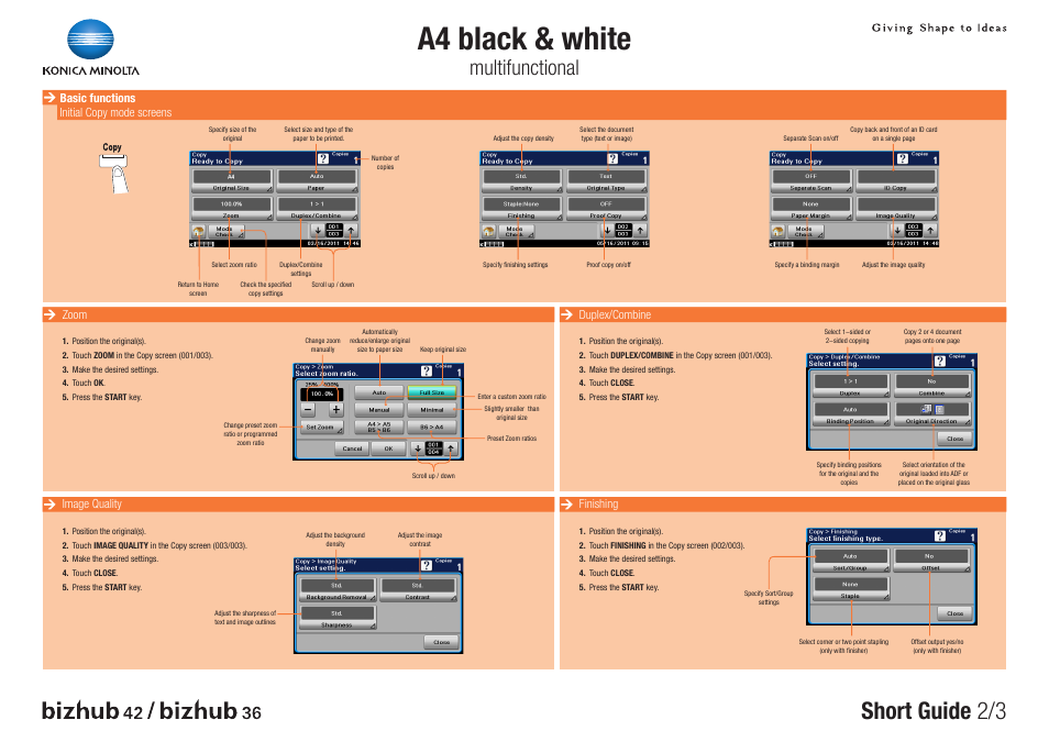A4 black & white, Short guide 2/3, Multifunctional | Basic functions initial copy mode screens, Zoom, Image quality, Duplex/combine, Finishing | Konica Minolta bizhub 36 User Manual | Page 2 / 3