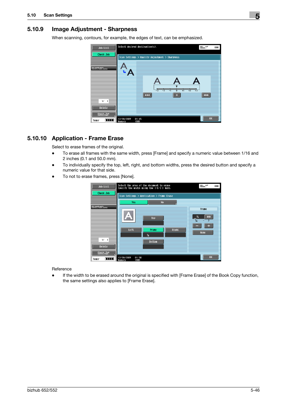 9 image adjustment - sharpness, 10 application - frame erase, Image adjustment - sharpness -46 | Application - frame erase -46, Rpness] (p. 5-46, P. 5-46) | Konica Minolta bizhub 552 User Manual | Page 100 / 310