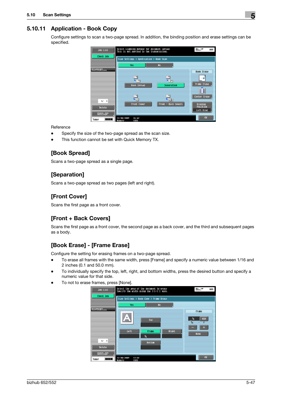 11 application - book copy, Book spread, Separation | Front cover, Front + back covers, Book erase] - [frame erase, Book copy] (p. 5-47) | Konica Minolta bizhub 552 User Manual | Page 101 / 310