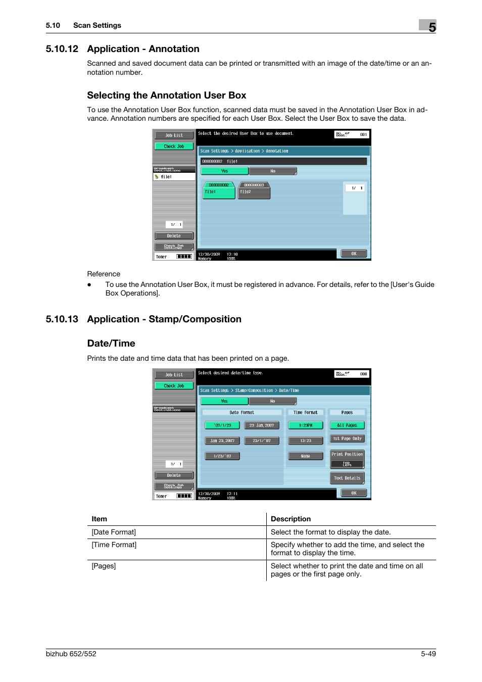 12 application - annotation, Selecting the annotation user box, 13 application - stamp/composition | Date/time, Application - stamp/composition -49 date/time -49, P. 5-49) | Konica Minolta bizhub 552 User Manual | Page 103 / 310