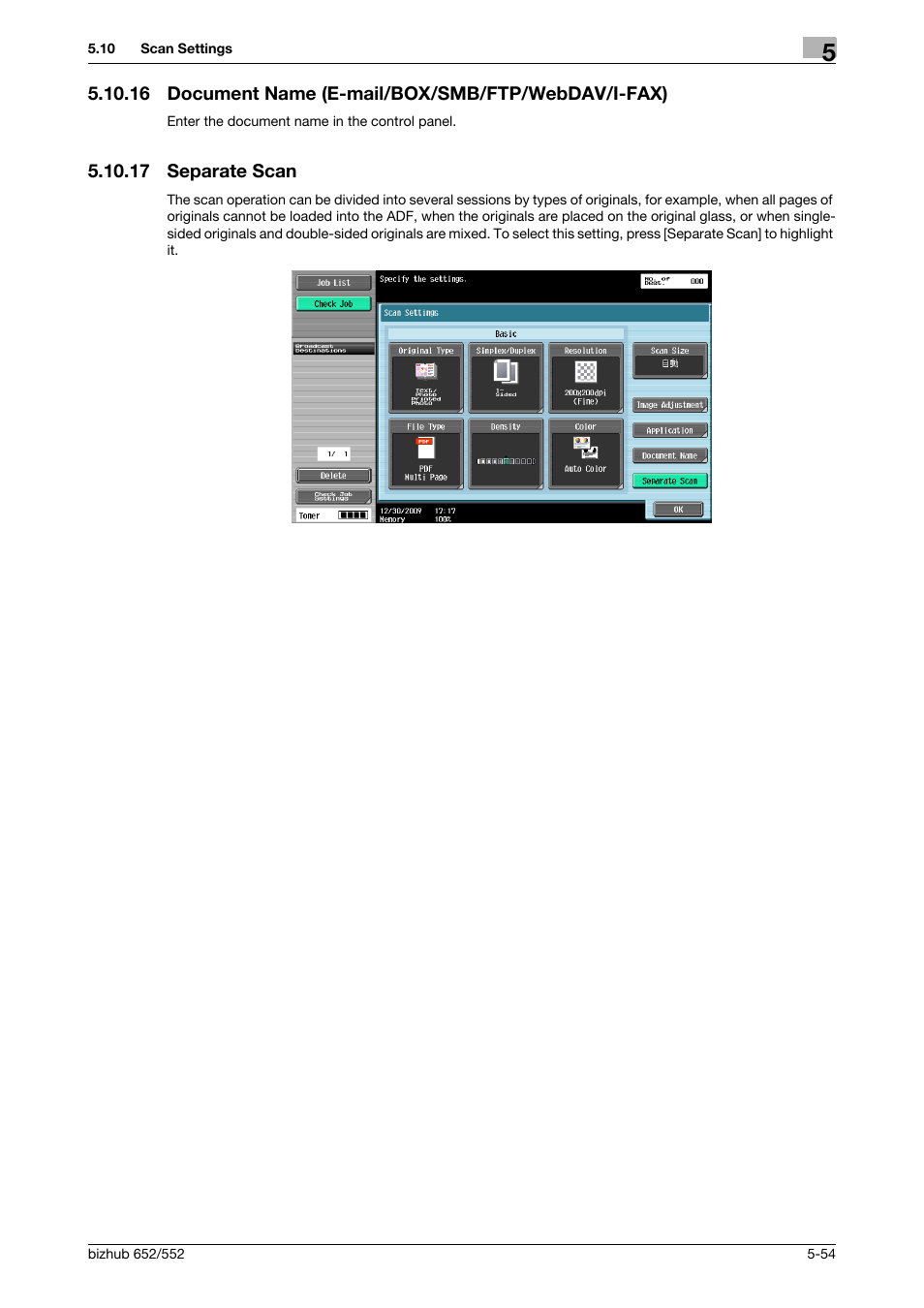 16 document name (e-mail/box/smb/ftp/webdav/i-fax), 17 separate scan, Separate scan -54 | Document name] (p. 5-54), An] (p. 5-54 | Konica Minolta bizhub 552 User Manual | Page 108 / 310