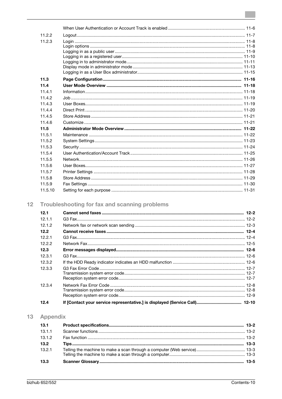 12 troubleshooting for fax and scanning problems, 13 appendix | Konica Minolta bizhub 552 User Manual | Page 11 / 310