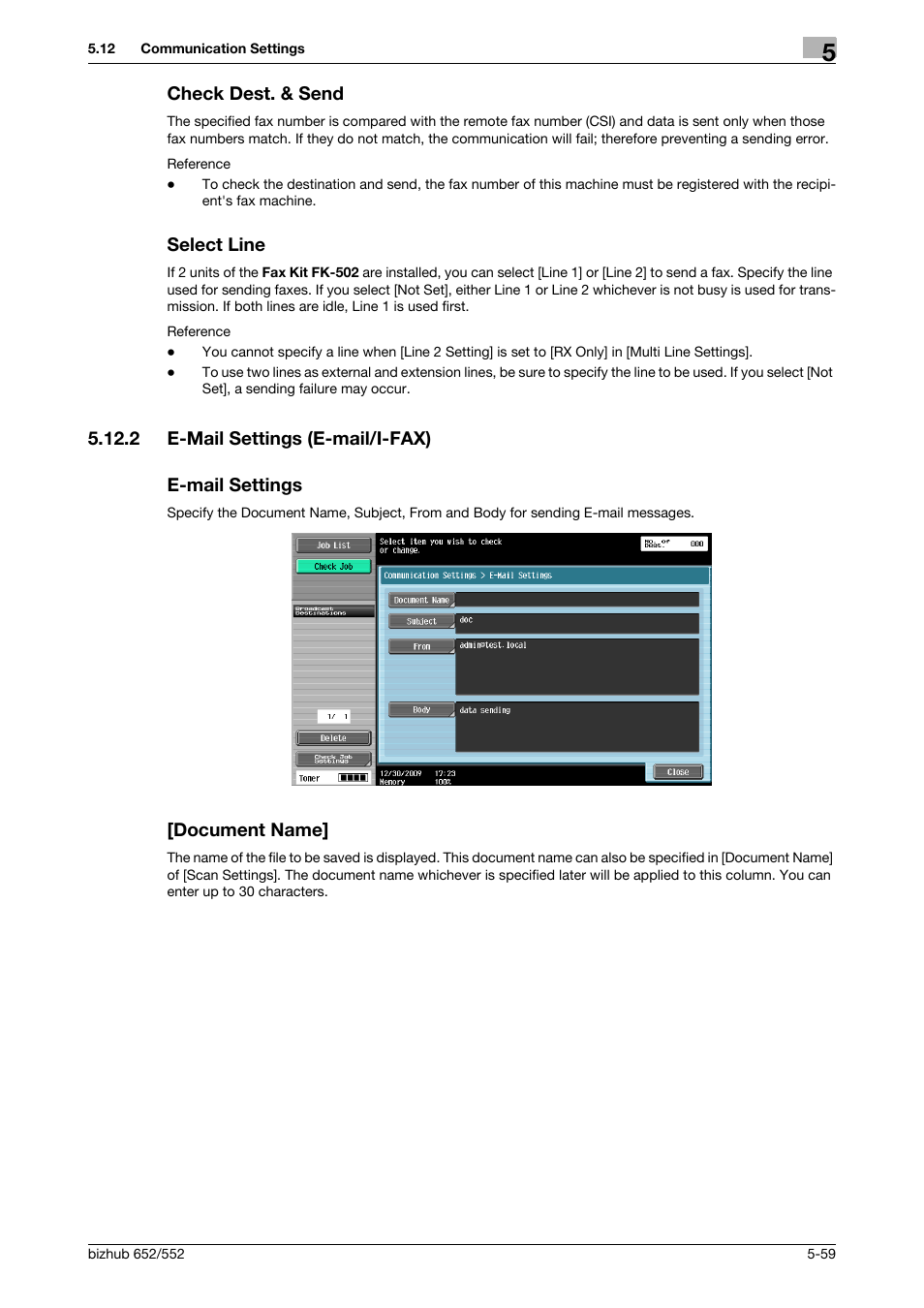 Check dest. & send, Select line, 2 e-mail settings (e-mail/i-fax) | E-mail settings, Document name, Check dest. & send -59 select line -59, Nd] (p. 5-59, P. 5-59) | Konica Minolta bizhub 552 User Manual | Page 113 / 310