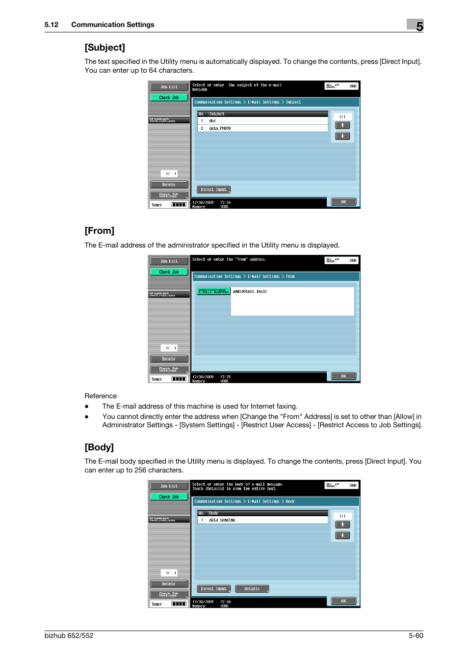 Subject, From, Body | Subject] -60 [from] -60 [body] -60, Ubject] (p. 5-60), Rom] (p. 5-60), Body] (p. 5-60) | Konica Minolta bizhub 552 User Manual | Page 114 / 310