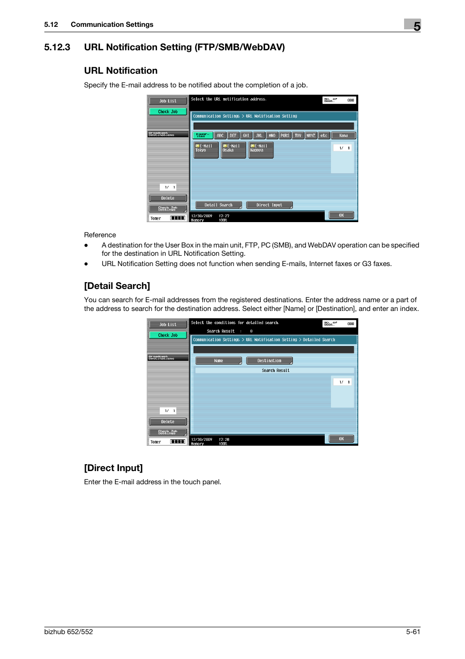 3 url notification setting (ftp/smb/webdav), Url notification, Detail search | Direct input, P. 5-61) | Konica Minolta bizhub 552 User Manual | Page 115 / 310