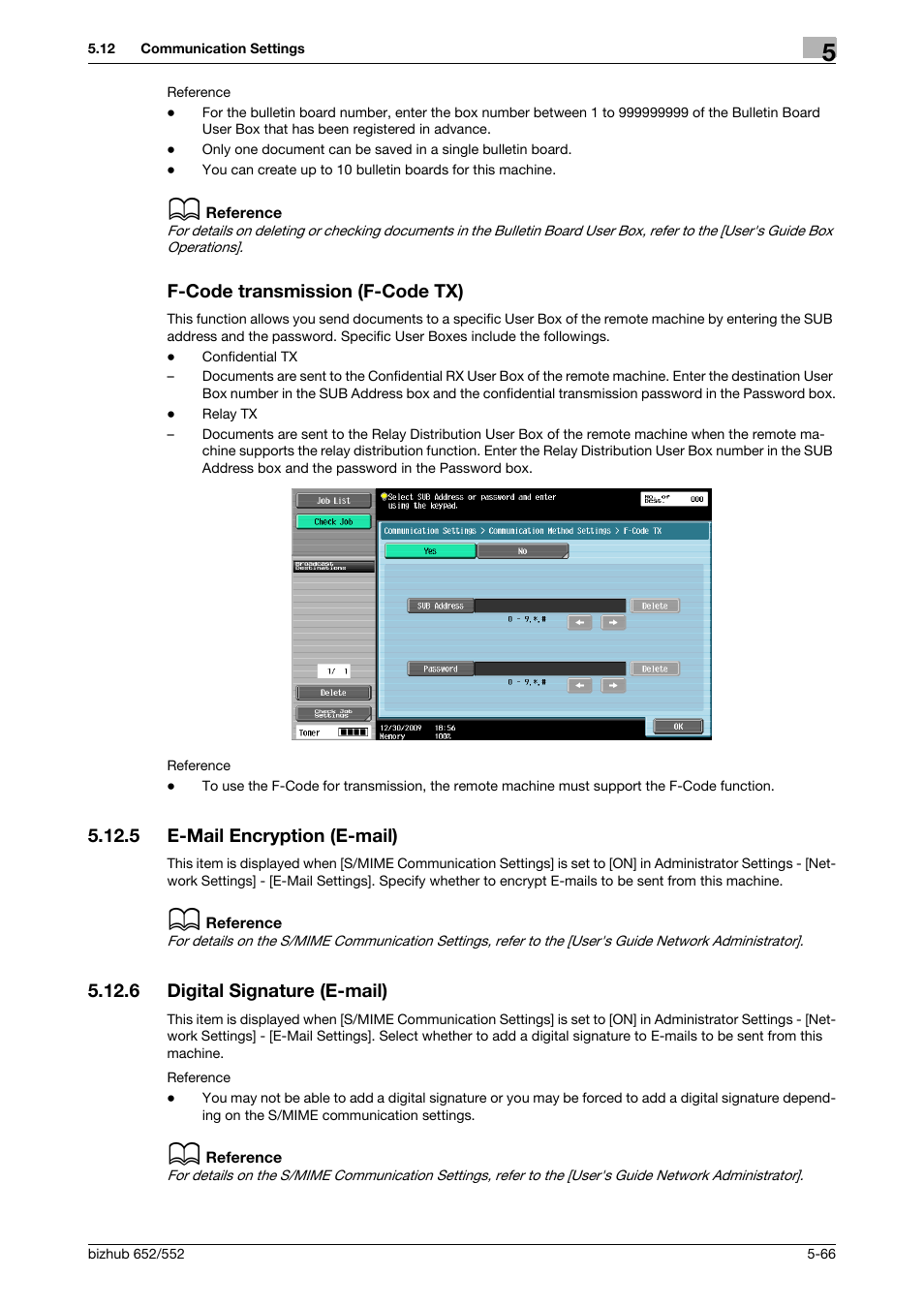 F-code transmission (f-code tx), 5 e-mail encryption (e-mail), 6 digital signature (e-mail) | F-code transmission (f-code tx) -66, E-mail encryption (e-mail) -66, Digital signature (e-mail) -66, P. 5-66), Cryption] (p. 5-66), Ure] (p. 5-66 | Konica Minolta bizhub 552 User Manual | Page 120 / 310