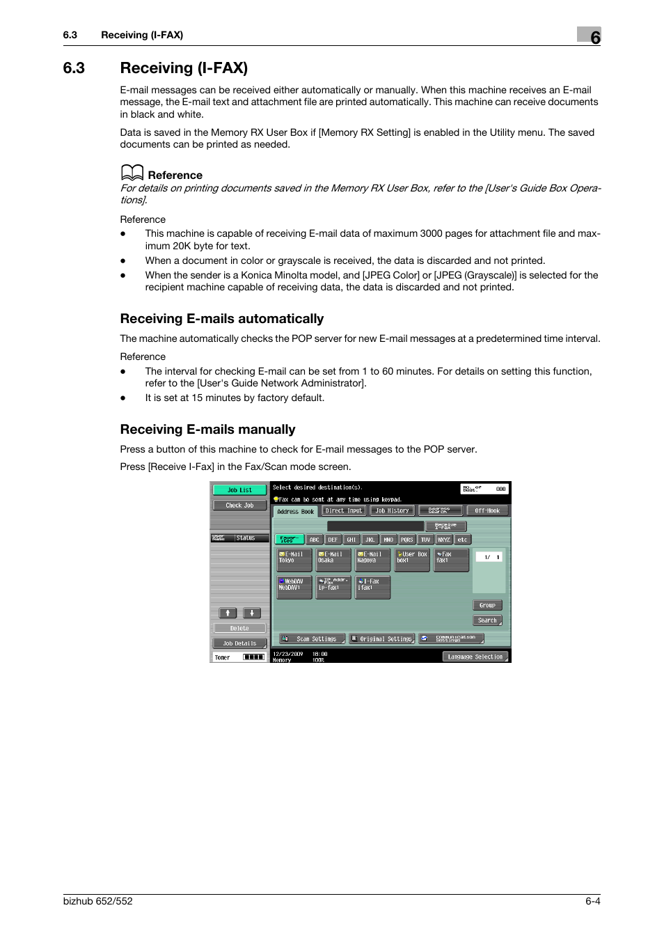 3 receiving (i-fax), Receiving e-mails automatically, Receiving e-mails manually | Konica Minolta bizhub 552 User Manual | Page 126 / 310