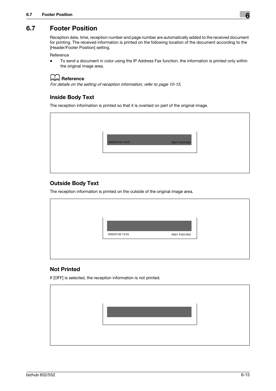 7 footer position, Inside body text, Outside body text | Not printed | Konica Minolta bizhub 552 User Manual | Page 137 / 310