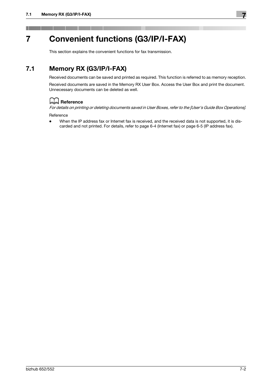 7 convenient functions (g3/ip/i-fax), 1 memory rx (g3/ip/i-fax), Convenient functions (g3/ip/i-fax) | Memory rx (g3/ip/i-fax) -2, 7convenient functions (g3/ip/i-fax) | Konica Minolta bizhub 552 User Manual | Page 139 / 310