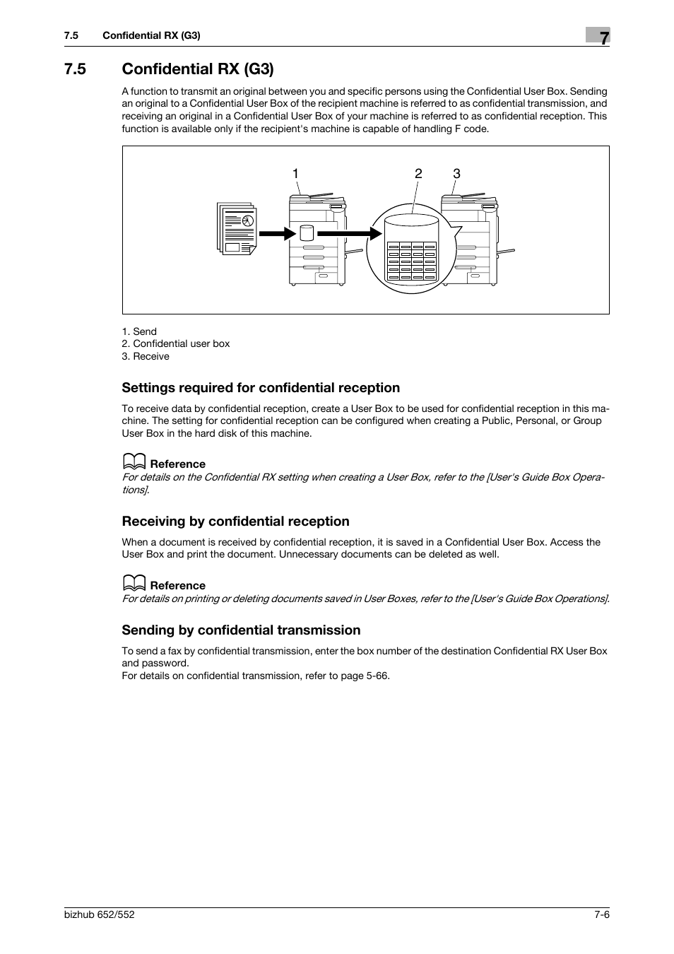 5 confidential rx (g3), Settings required for confidential reception, Receiving by confidential reception | Sending by confidential transmission | Konica Minolta bizhub 552 User Manual | Page 143 / 310